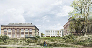 Blickpunkt Schlossgarten. Durch Setzung zweier einfacher, abgetreppter Baukörper mit Innenhöfen, gelingt es dem Entwurf sowohl für Akademie als auch Verwaltung angemessene eigene Adressen zu bilden, und gleichzeitig sensibel mit den Bauhöhen zu den benachbarten Denkmälern umzugehen. | © agn Niederberghaus & Partner